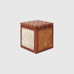 Laurent - Storage Stool - Teak Wood & Woven Brown Leather