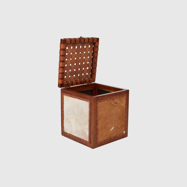 Laurent - Storage Stool - Teak Wood & Woven Brown Leather