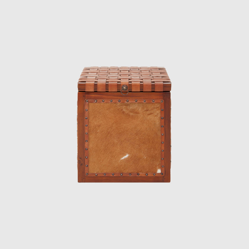 Laurent - Storage Stool - Teak Wood & Woven Brown Leather