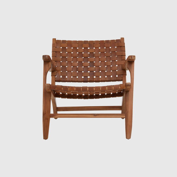 Lila - Lounge Chair - Teak Wood & Woven Brown Leather