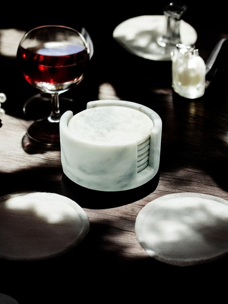 Bianca - White Marble Coasters with Marble Holder - Set of 6