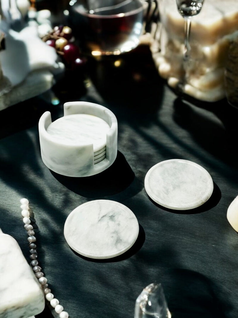 Bianca - White Marble Coasters with Marble Holder - Set of 6