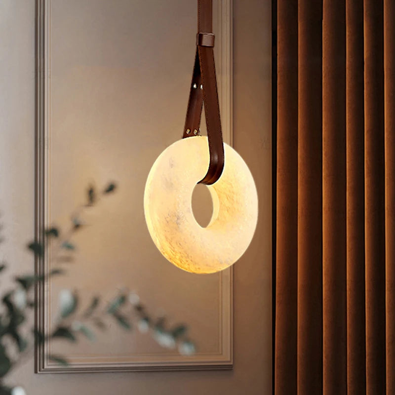 Angelo - Pendant - Alabaster, Brown Leather & Gold